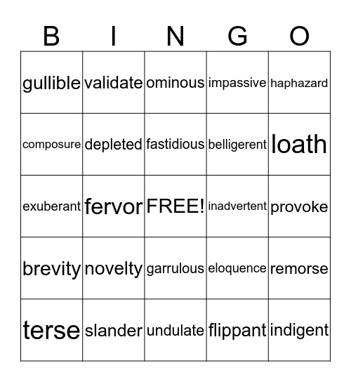 English III Vocabulary Bingo Card