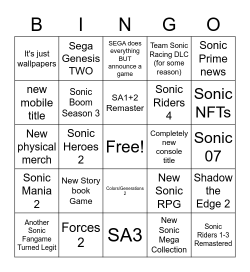 Sonic Direct 5/27 Bingo Card
