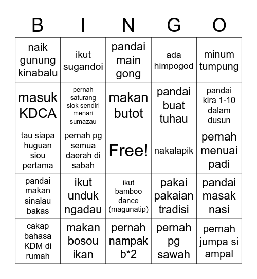 Kaamatan bingo Card