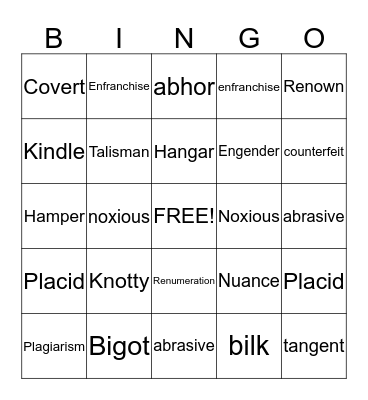 SAT Vocabulary Bingo Card