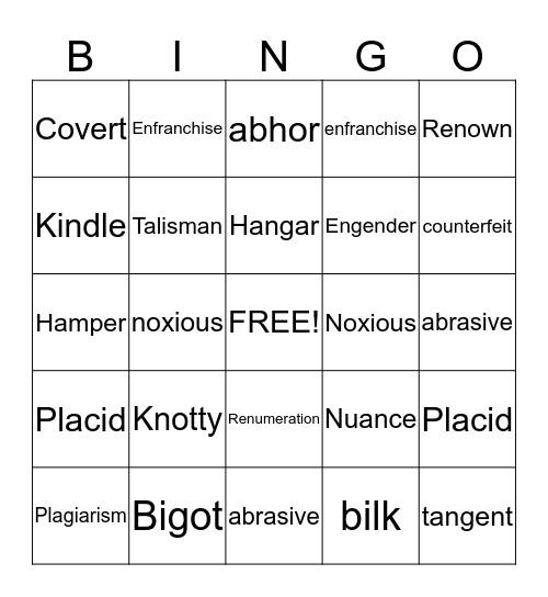 SAT Vocabulary Bingo Card