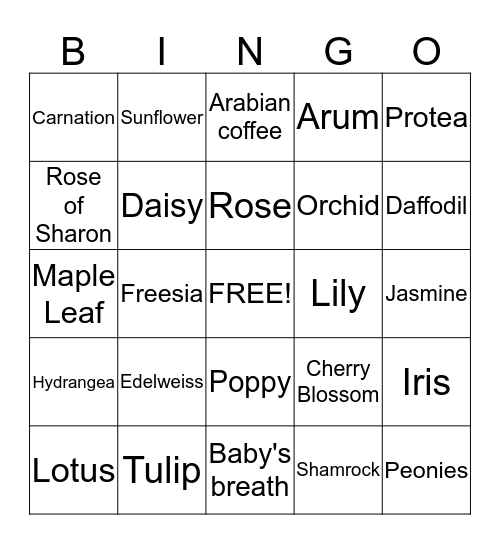 National Flowers  Bingo Card