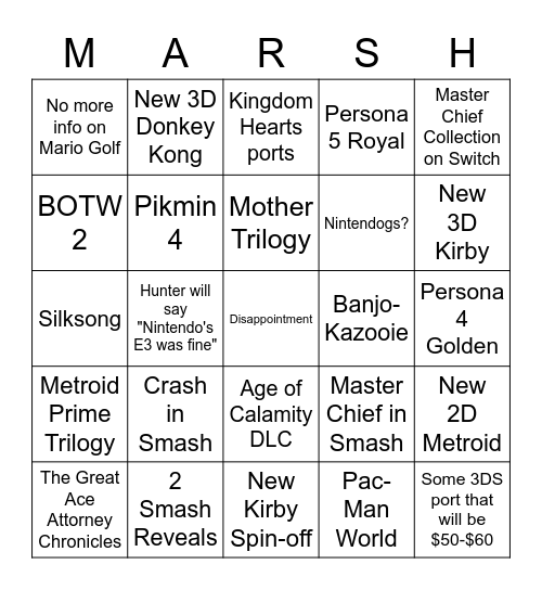 E3 2021 (Nintendo) Bingo Card