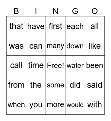 Sight Words! Bingo Card