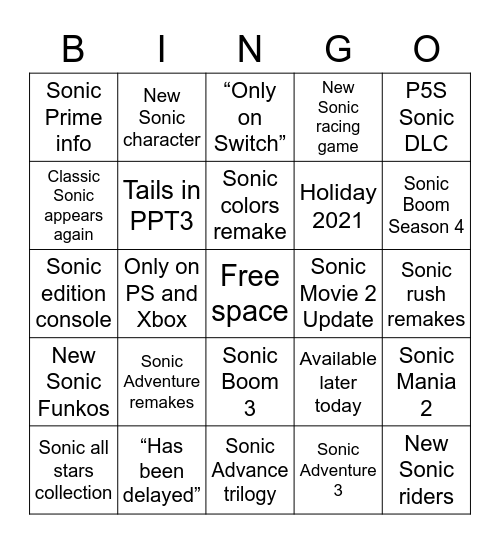 Sonic Direct Bingo Card