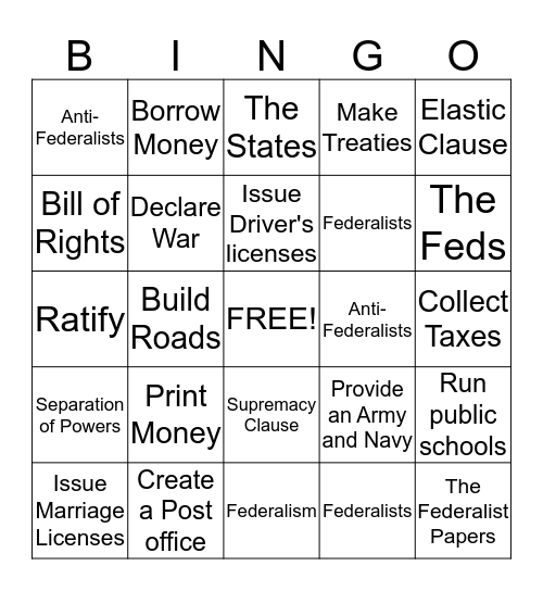 Consitution Bingo Card