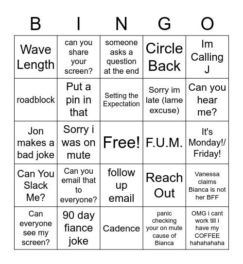 Zoom Call Bingo Card