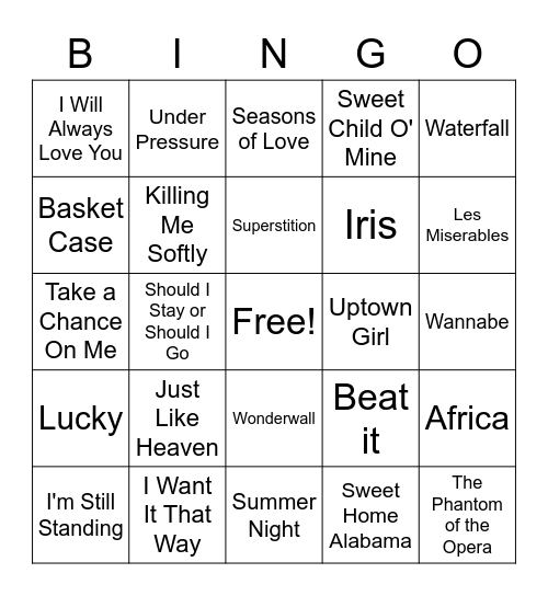 80's, 90's and Musical Bingo! Bingo Card