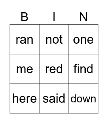 Sight Words Bingo Card