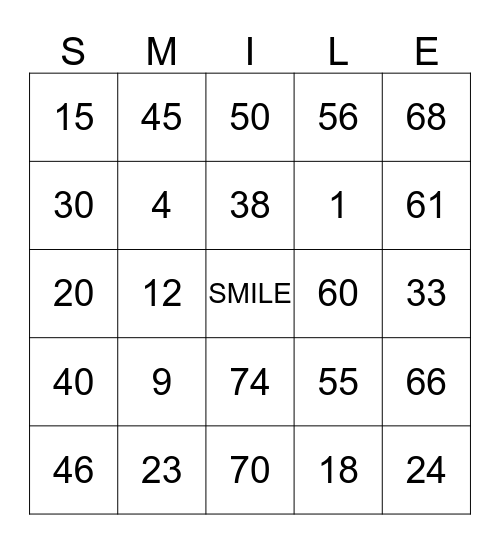 SMILE Bingo Card