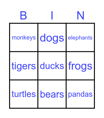 Unit 4 Animals Bingo Card