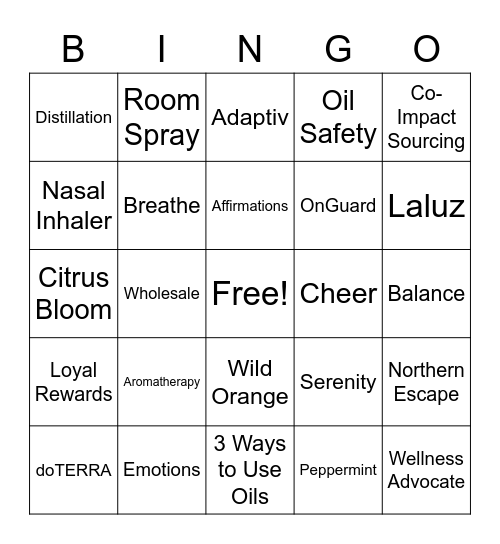 Aroma Essentials Bingo Card