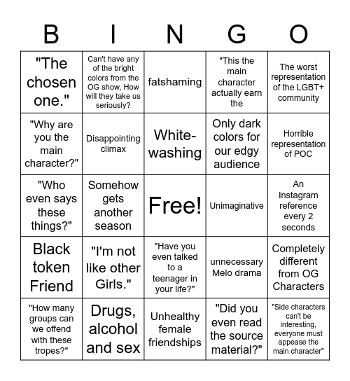 Edgy teen show Remake Bingo Card Bingo Card