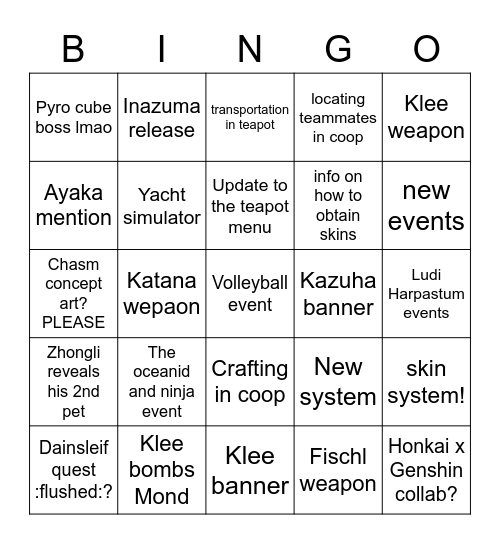 1.6 livestream Bingo Card