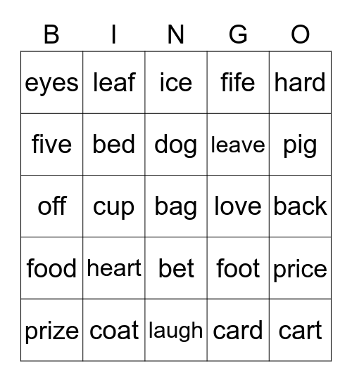 word-final voicing Bingo Card