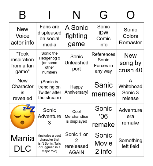 5/27 Sonic News Bingo Card