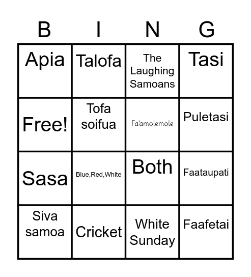 Samoan language Week Bingo Card
