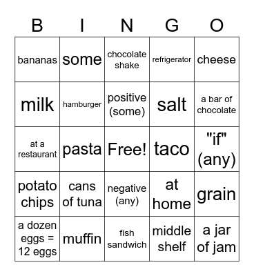 Unit 8 - Food Bingo Card