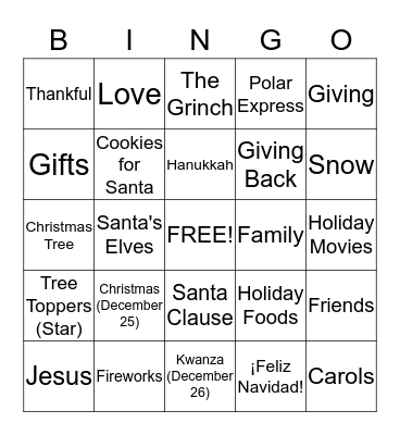 Jack and Jill Holiday Bingo (2nd Chillin' w/ the Children Event) Bingo Card