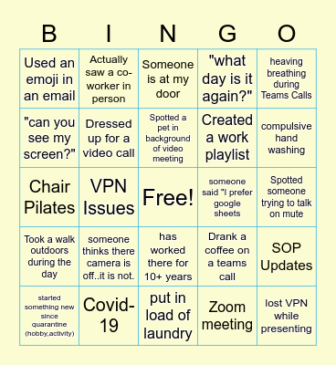 Remote Work Bingo Card
