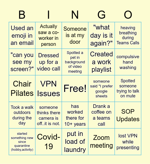 Remote Work Bingo Card