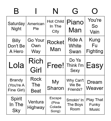 70s POP Bingo Card