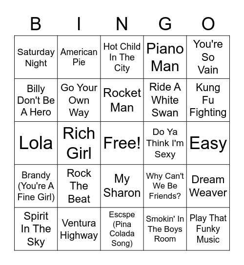 70s POP Bingo Card