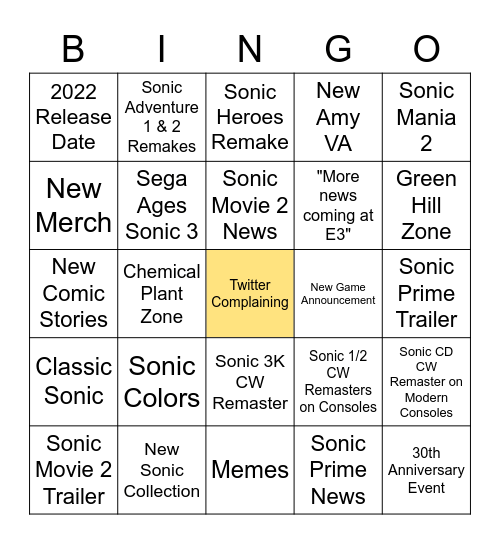 Sonic Central 5/27 Bingo Card