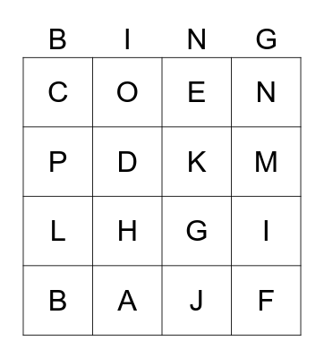 Letters Bingo Card