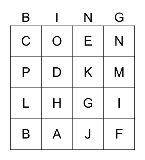 Letters Bingo Card