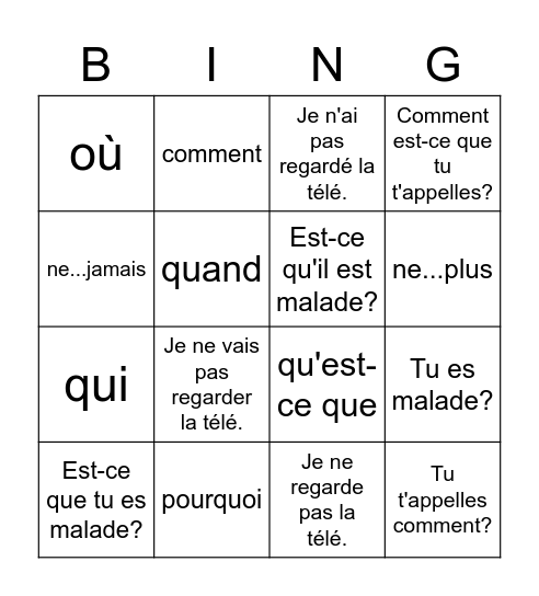 GL 2 Chapitre 5 Grammaire Bingo Card