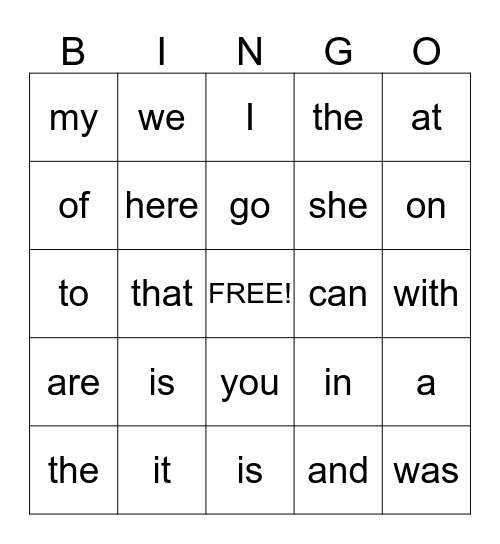 Sight Word Bingo Card