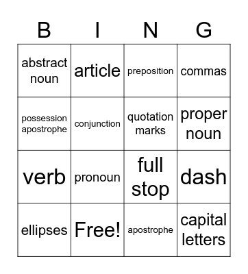 Parts of Speech and Punctuation Bingo Card