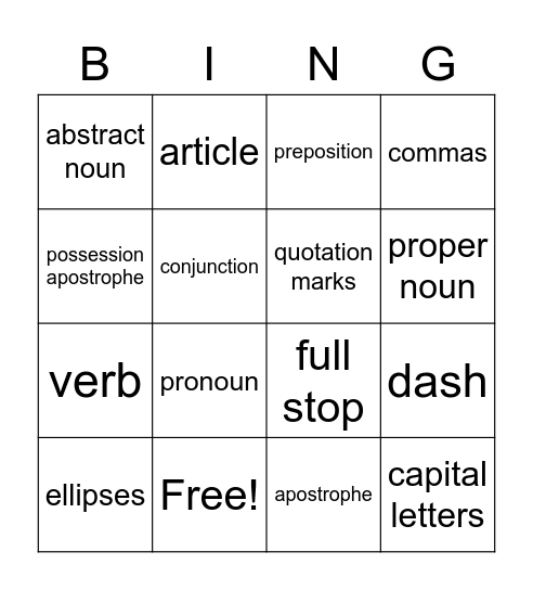 Parts of Speech and Punctuation Bingo Card