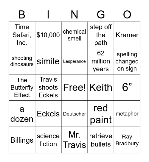 "A Sound of Thunder" Bingo Card