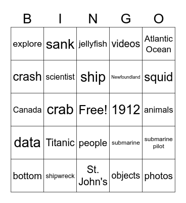 Titanic Shipwreck Bingo Card