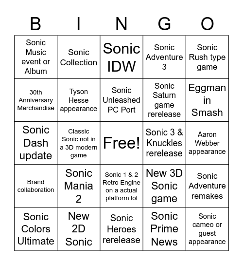 Sonic Central Bingo Card