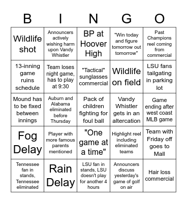 SEC Baseball Tournament Bingo Card