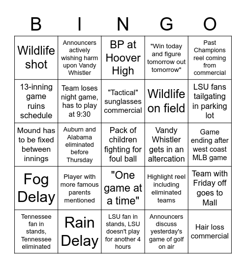 SEC Baseball Tournament Bingo Card