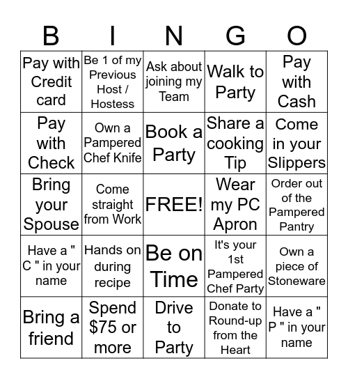 Pampered Chef Bingo Card