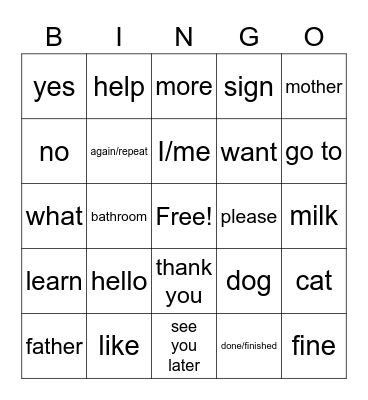 ASL 25 signs to Know Bingo Card