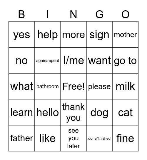 ASL 25 signs to Know Bingo Card