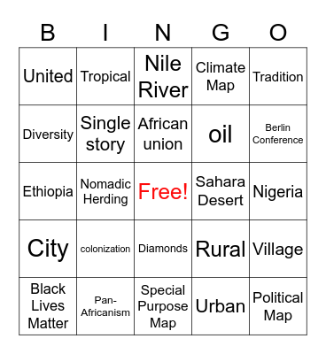 Africa bingo Card