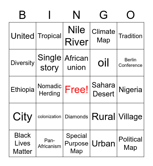 Africa bingo Card