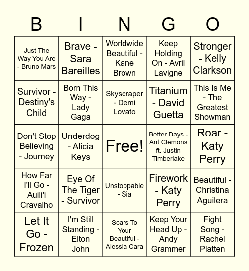 Wellness Music Bingo Card