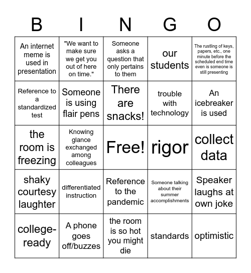 Professional Development Bingo Card