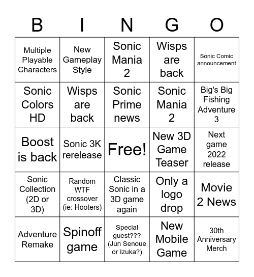 Sonic Event Bingo Card