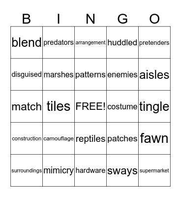 Animal Camoflauge Bingo Card