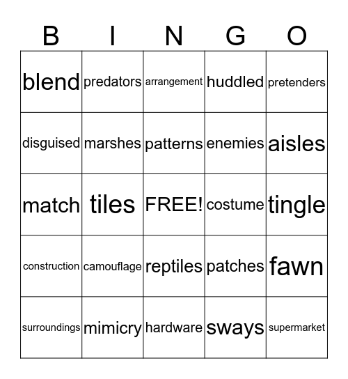 Animal Camoflauge Bingo Card