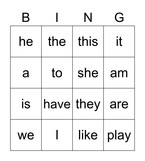 Sight Words Bingo Card